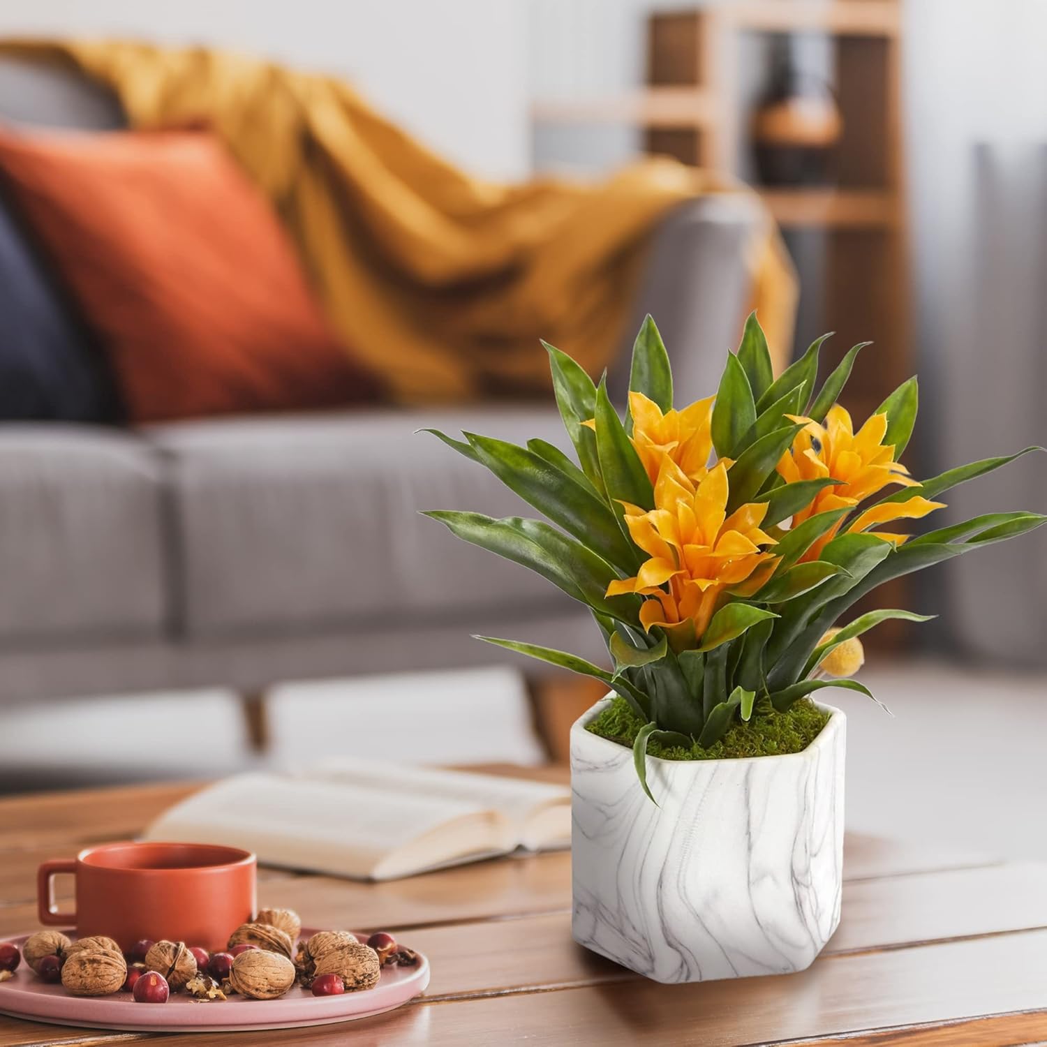 Artificial Bromeliad Plant in Marble Vase