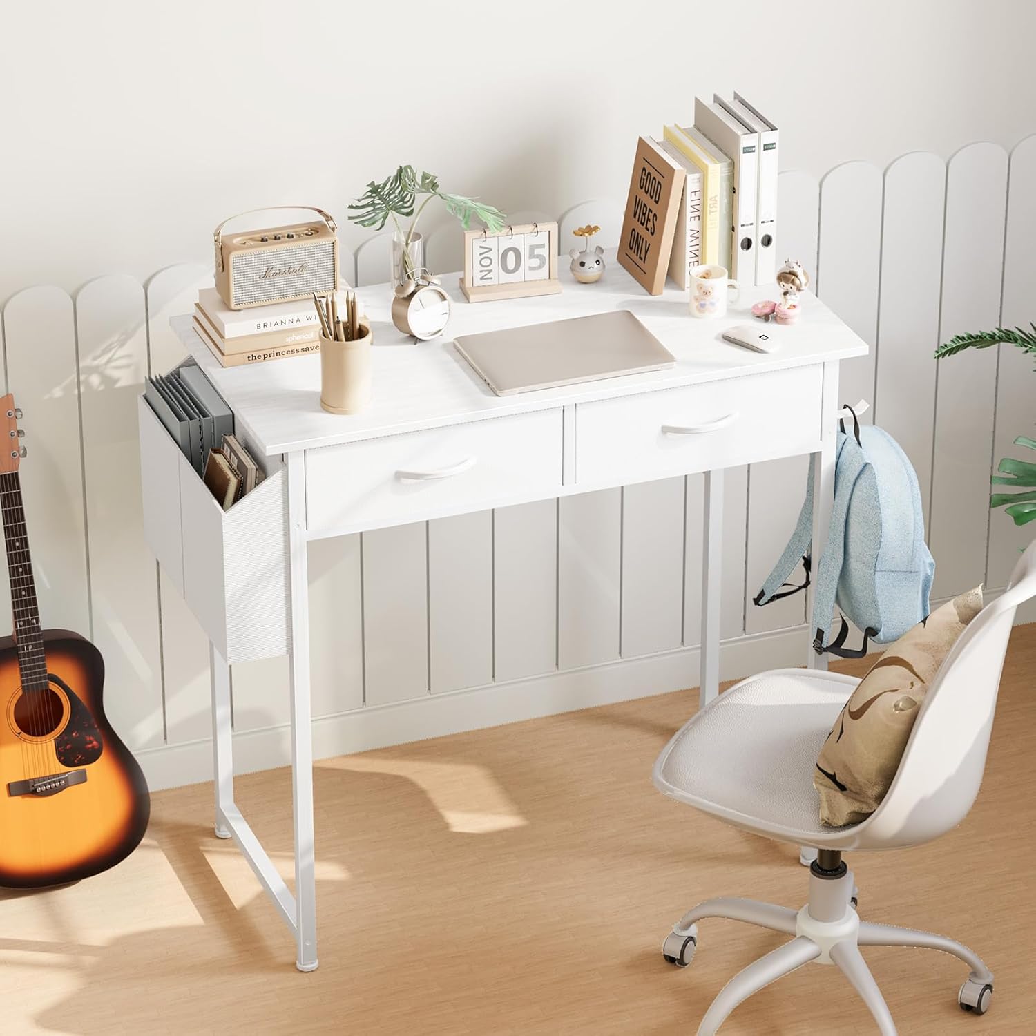 Small White Desk with Drawers and Storage