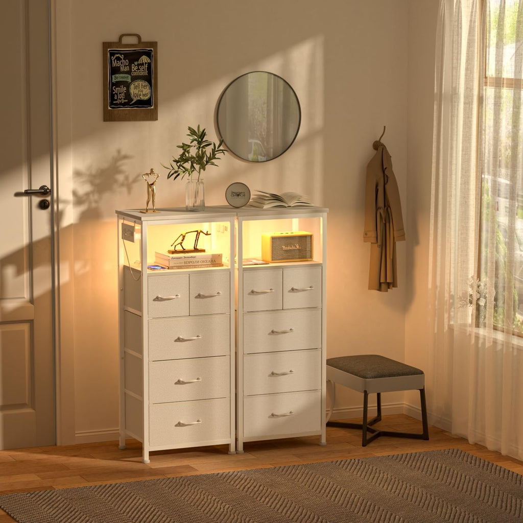 White 5-Drawer Dresser with Charging Station and LED Lights