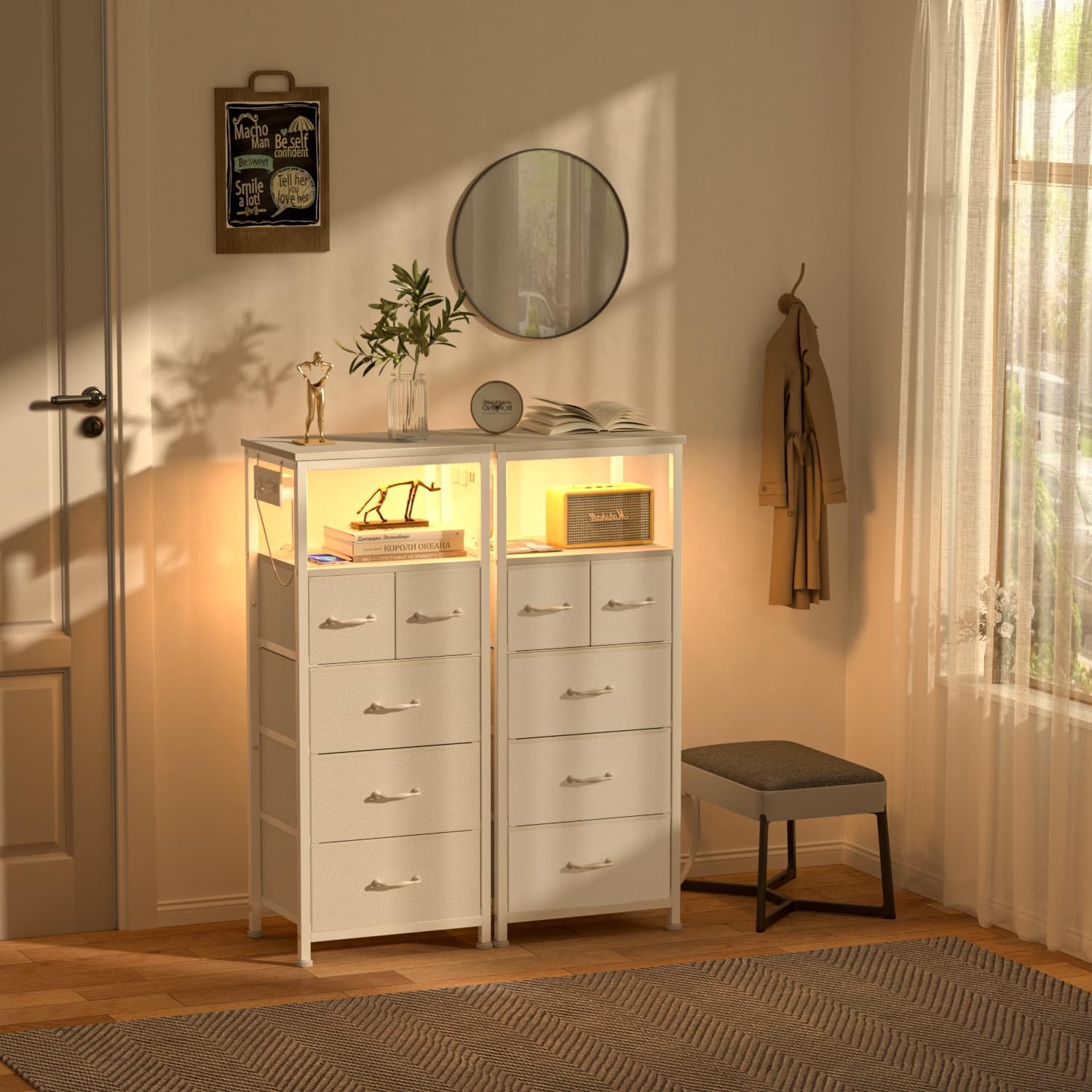 White 5-Drawer Dresser with Charging Station and LED Lights