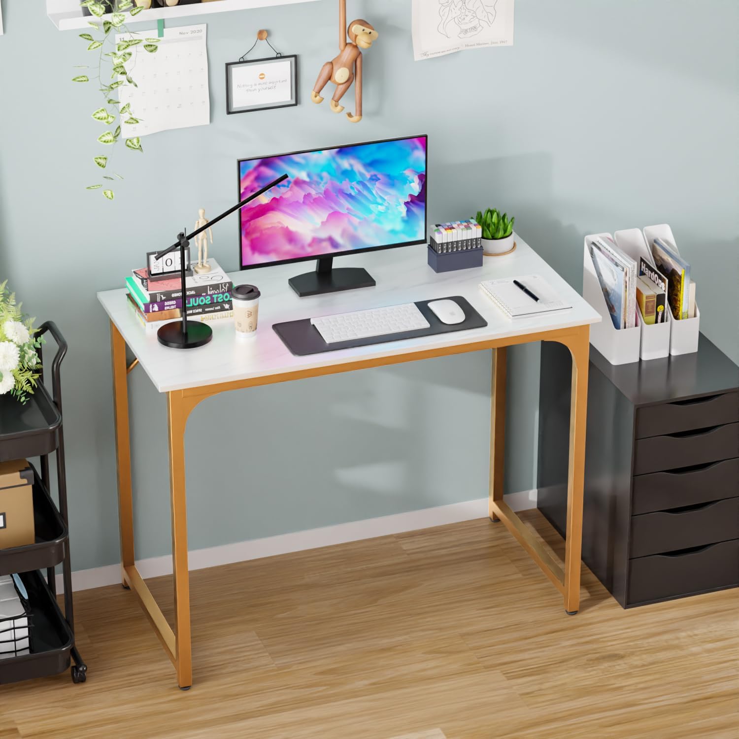 39" White Gold Computer Desk with Metal Frame