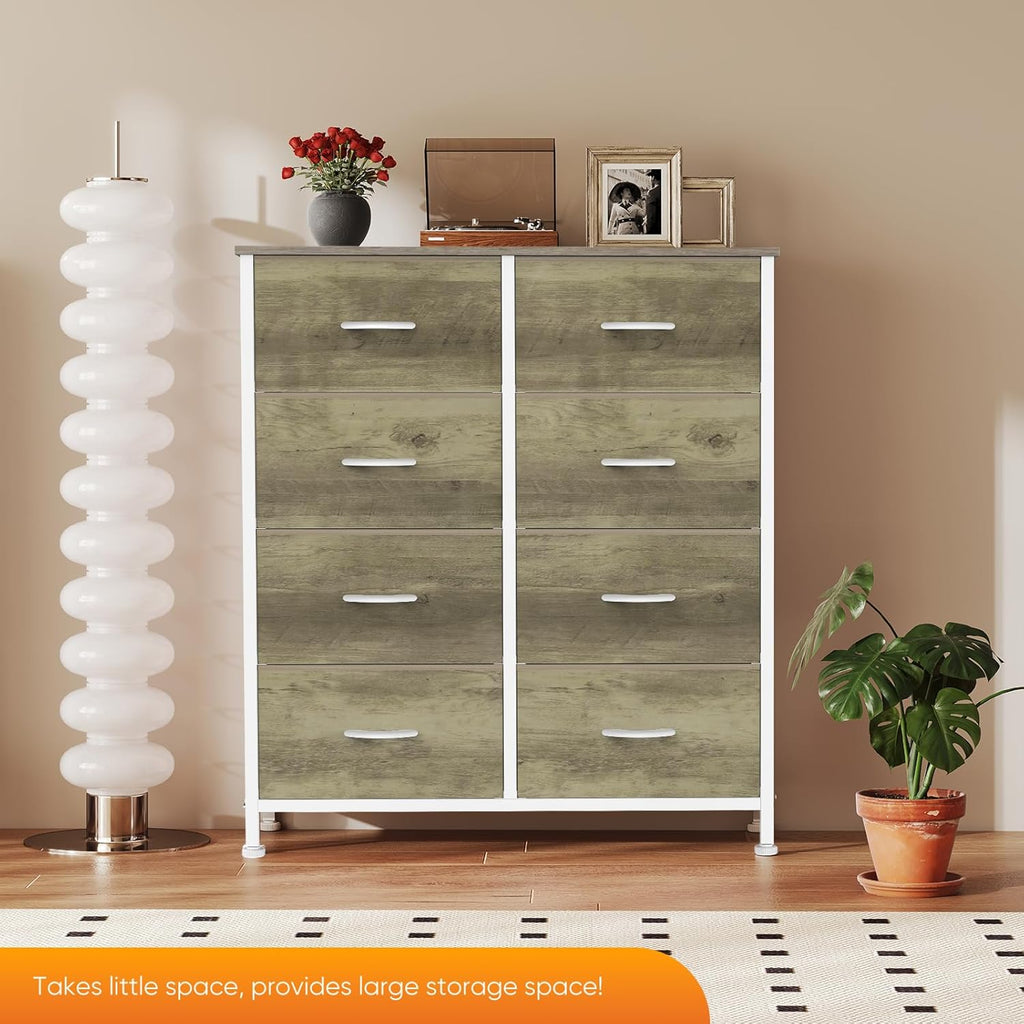 Large 8 Drawer Dresser with Metal Frame and Wooden Top