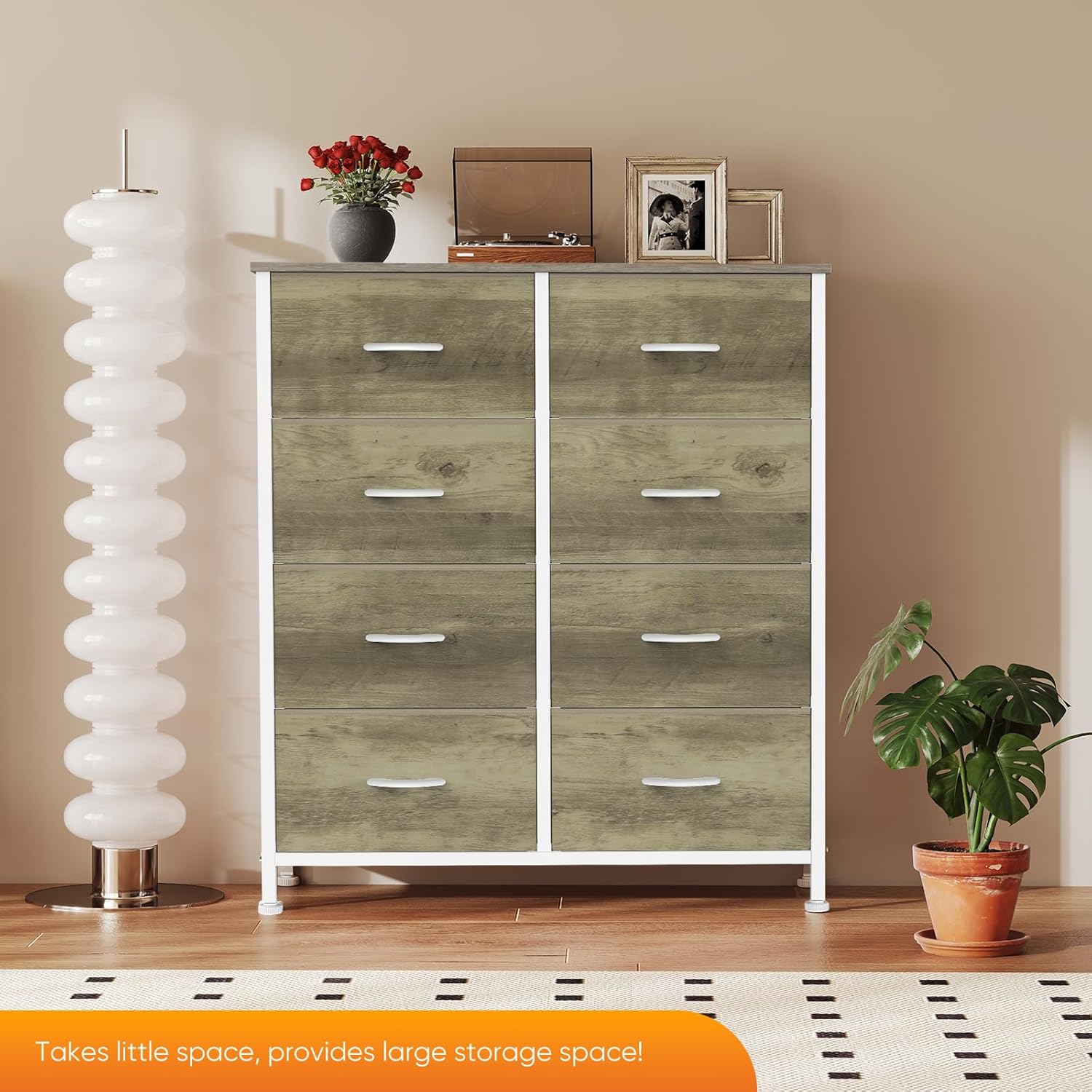 Large 8 Drawer Dresser with Metal Frame and Wooden Top