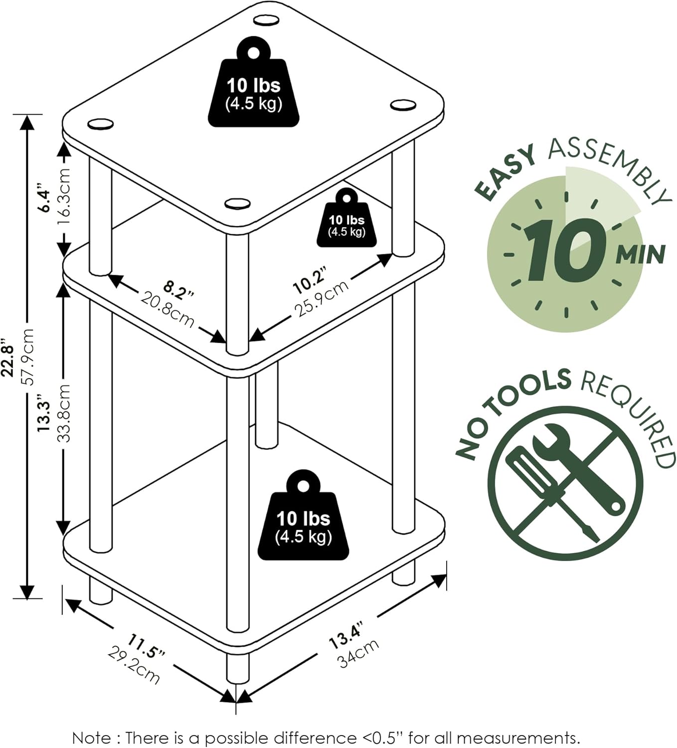3-Tier Side Table with Open Shelves
