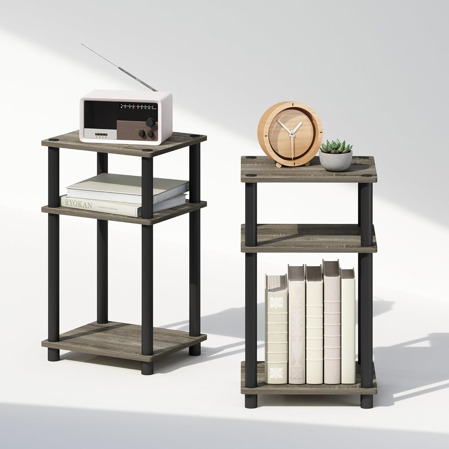 3-Tier Storage Nightstands, 2-Pack, French Oak/Black