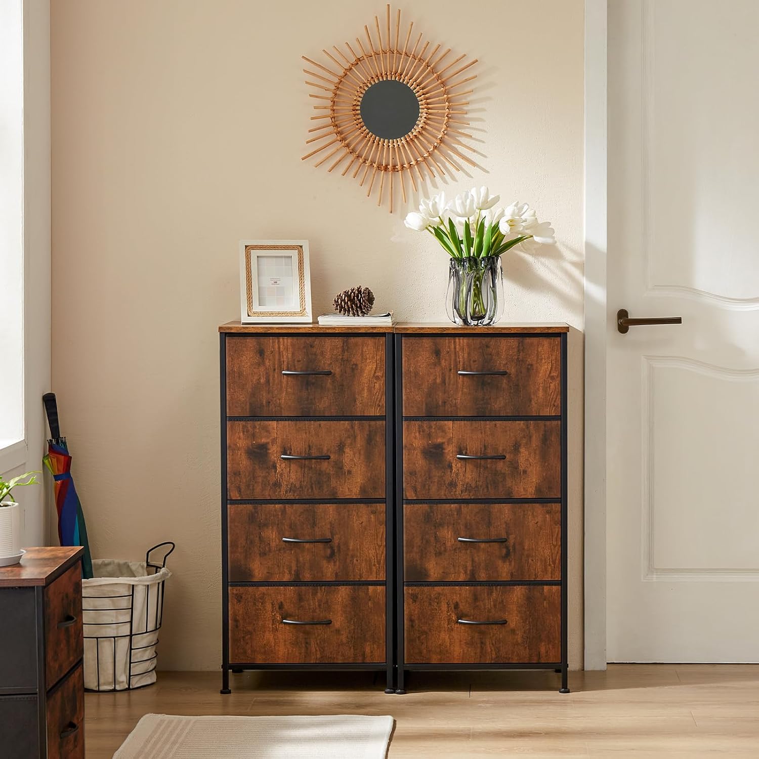 Nightstand with 5 Drawers and Fabric Bins
