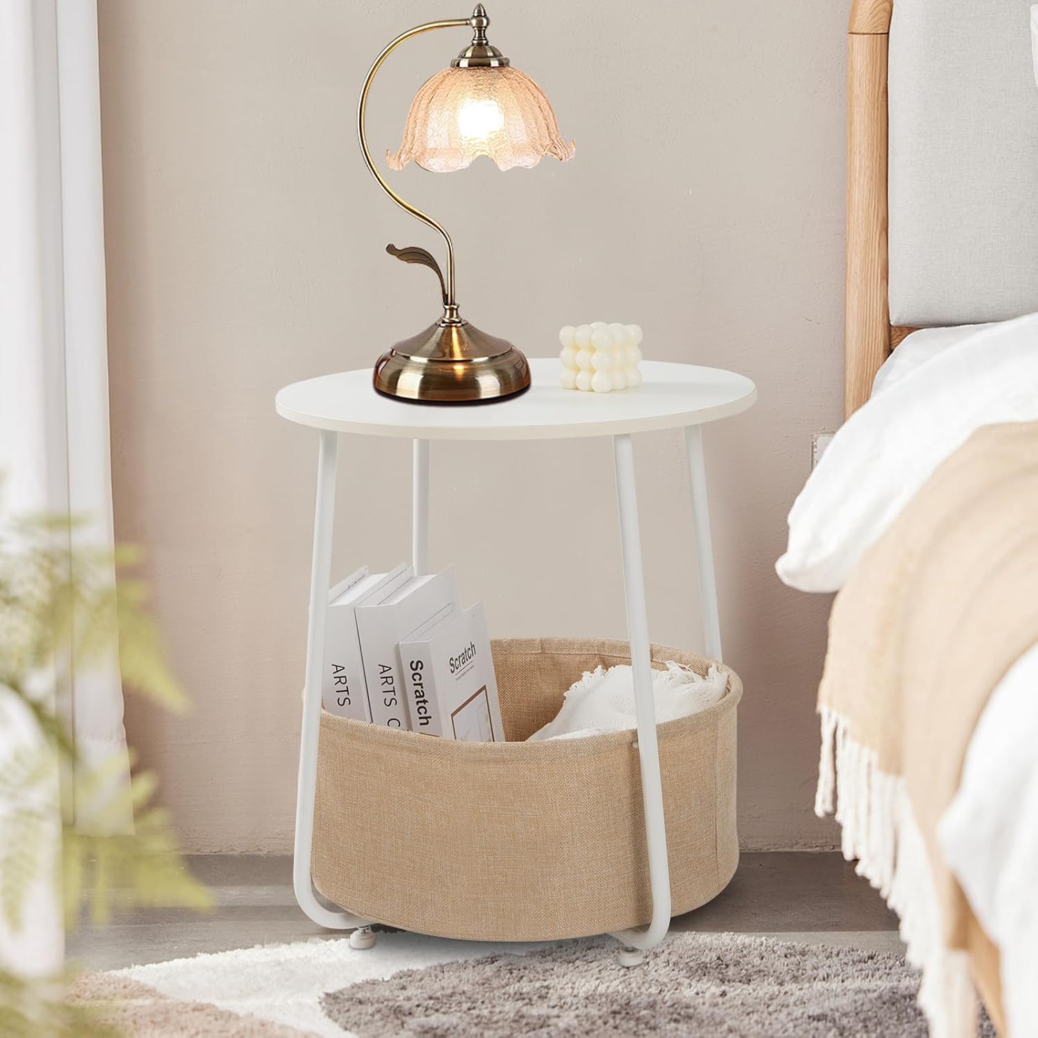 Small Round Side Table with Storage Basket