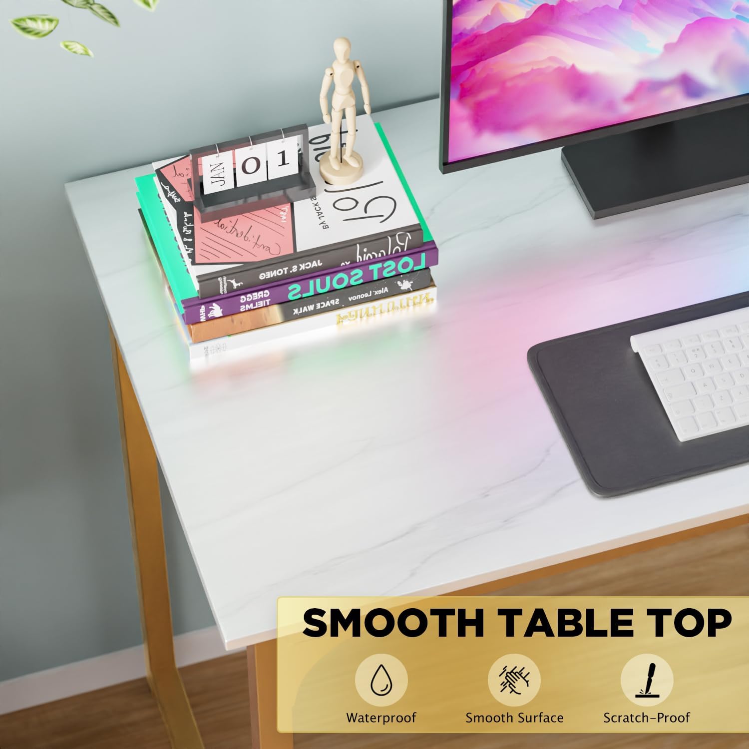39" White Gold Computer Desk with Metal Frame