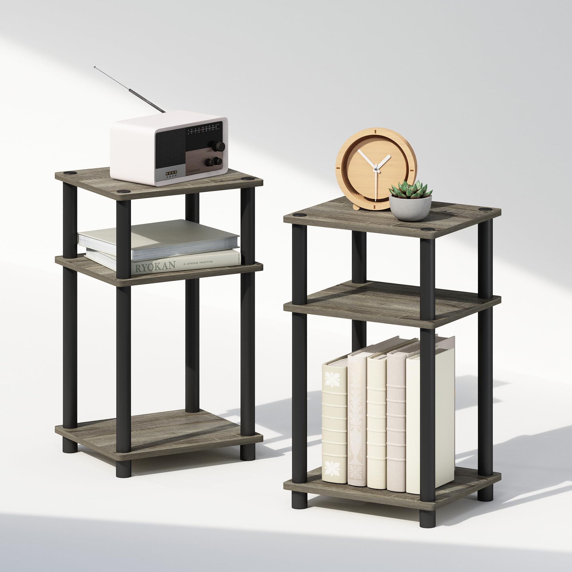 3-Tier Storage Nightstands, 2-Pack, French Oak/Black
