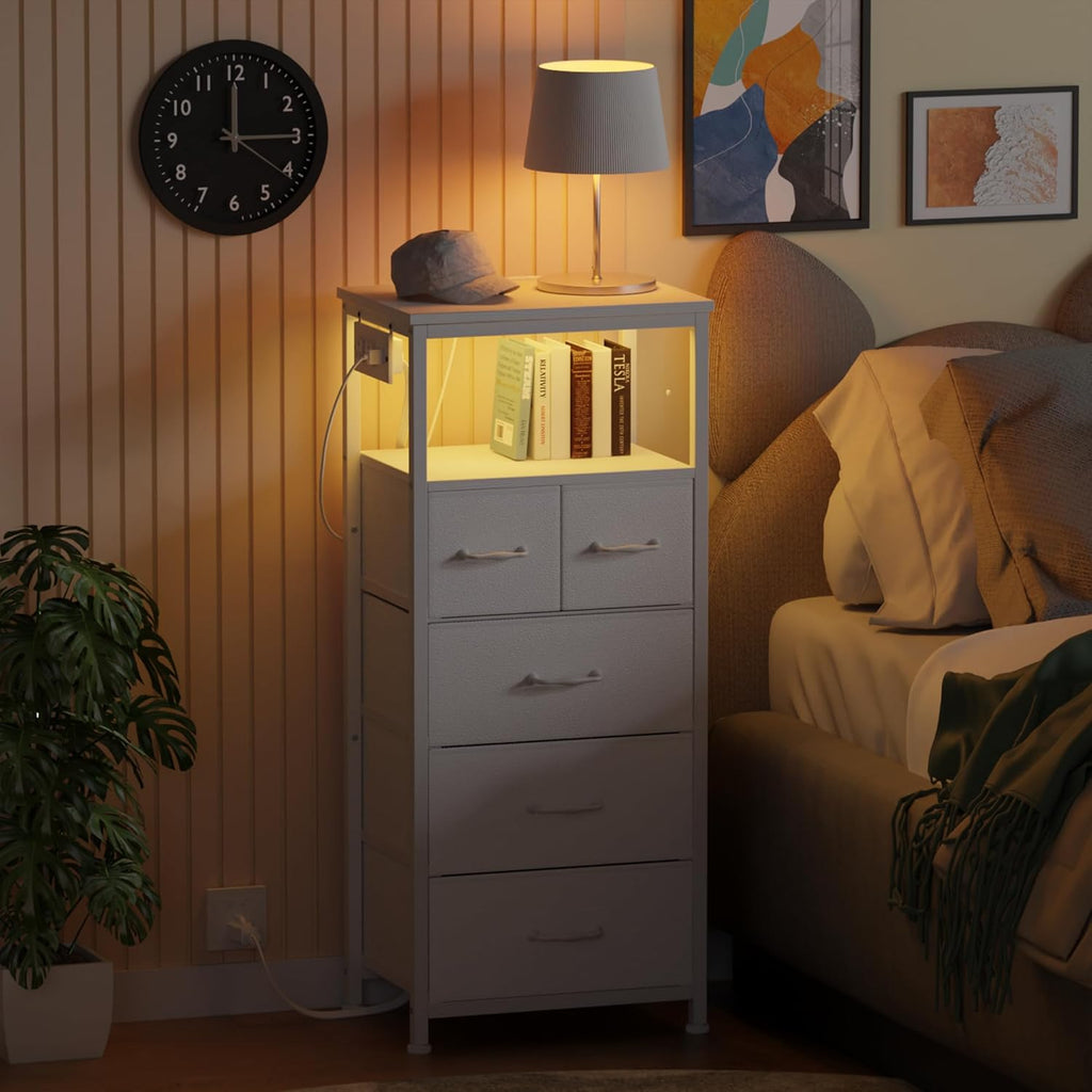White 5-Drawer Dresser with Charging Station and LED Lights