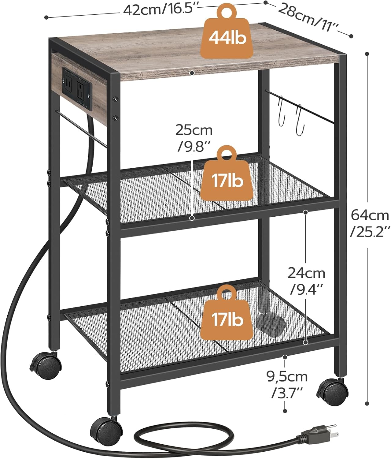 3-Tier Mobile Printer Stand with Power & USB Ports