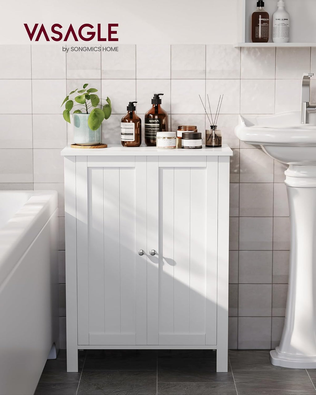 White Floor Storage Cabinet with Adjustable Shelves