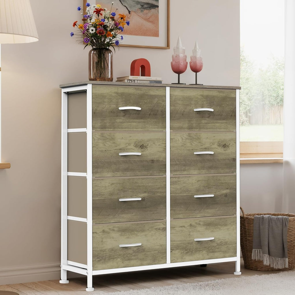 Large 8 Drawer Dresser with Metal Frame and Wooden Top