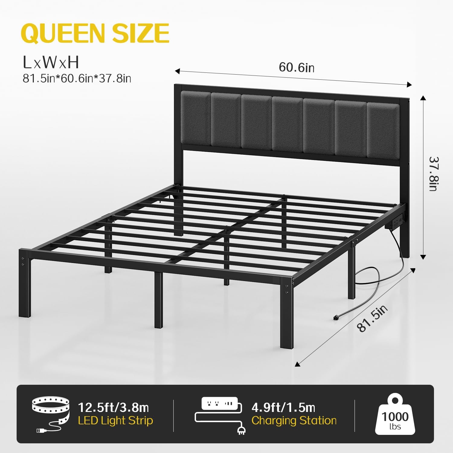 Queen Bed Frame with USB & LED Lights