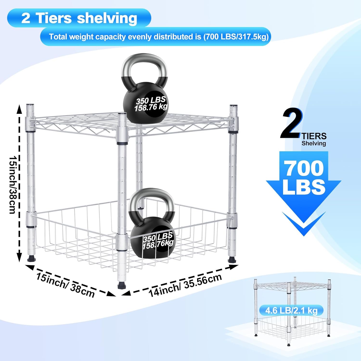 Whitmor 2 Tier Metal Storage Shelves 15"L x 14"W x 15"H