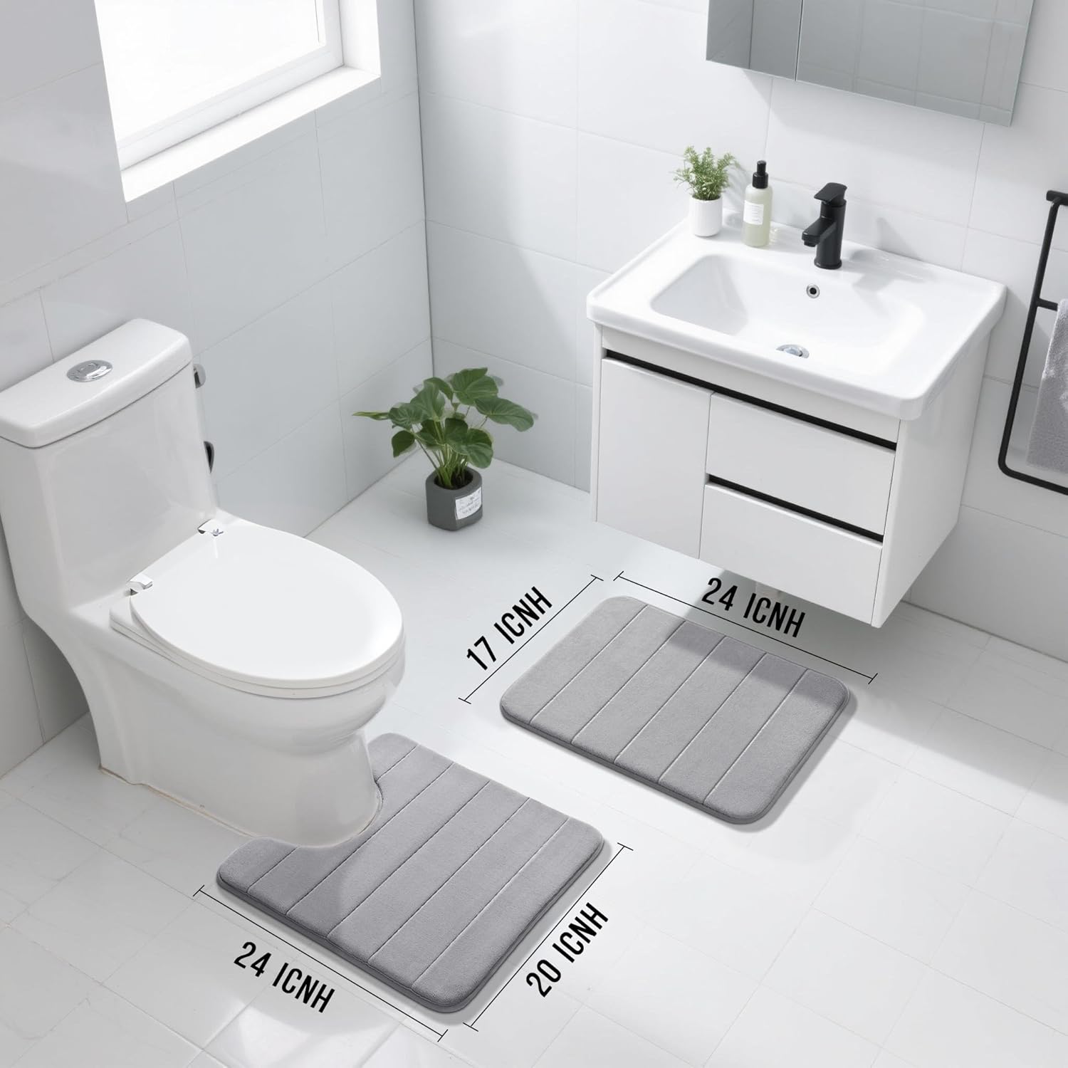 2-Piece Grey Bathroom Mat Set 17x24 & 24x20