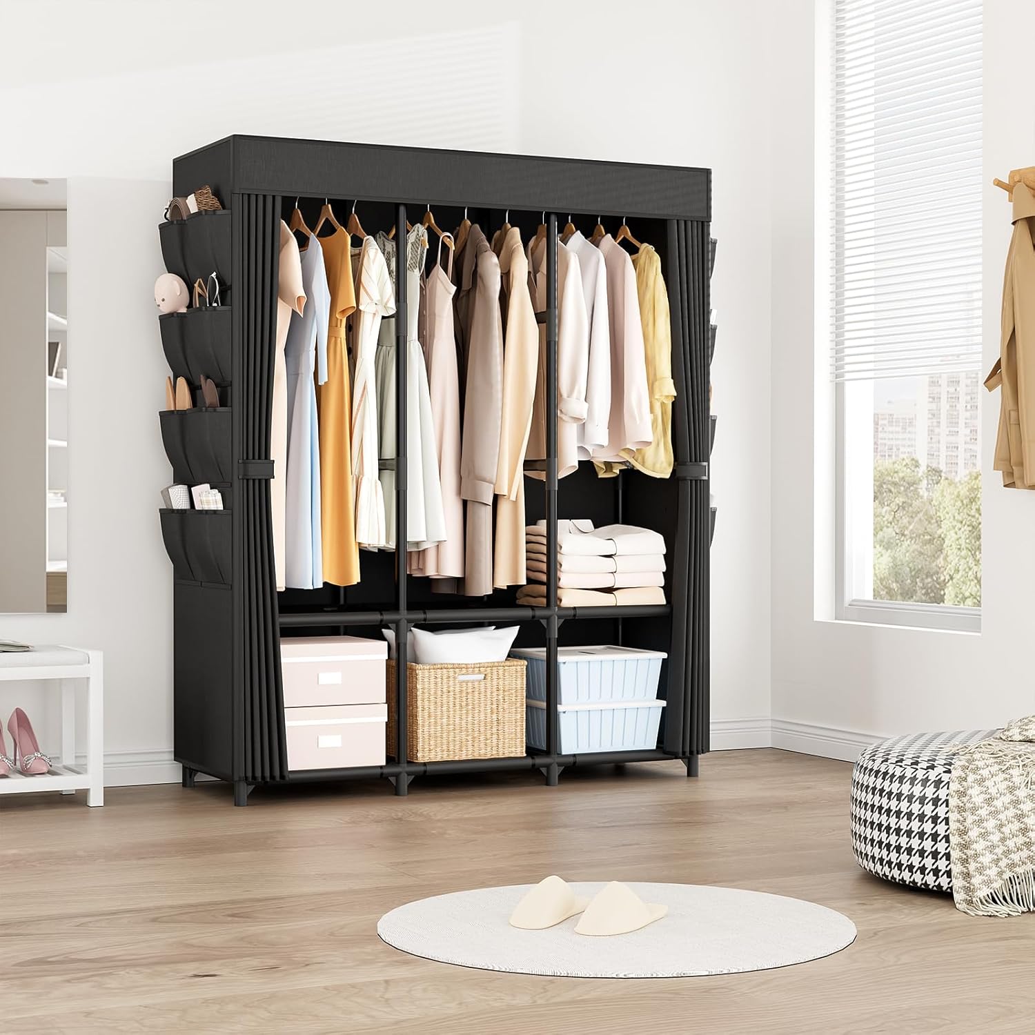 Portable Wardrobe Closet with 3 Rods and 6 Shelves