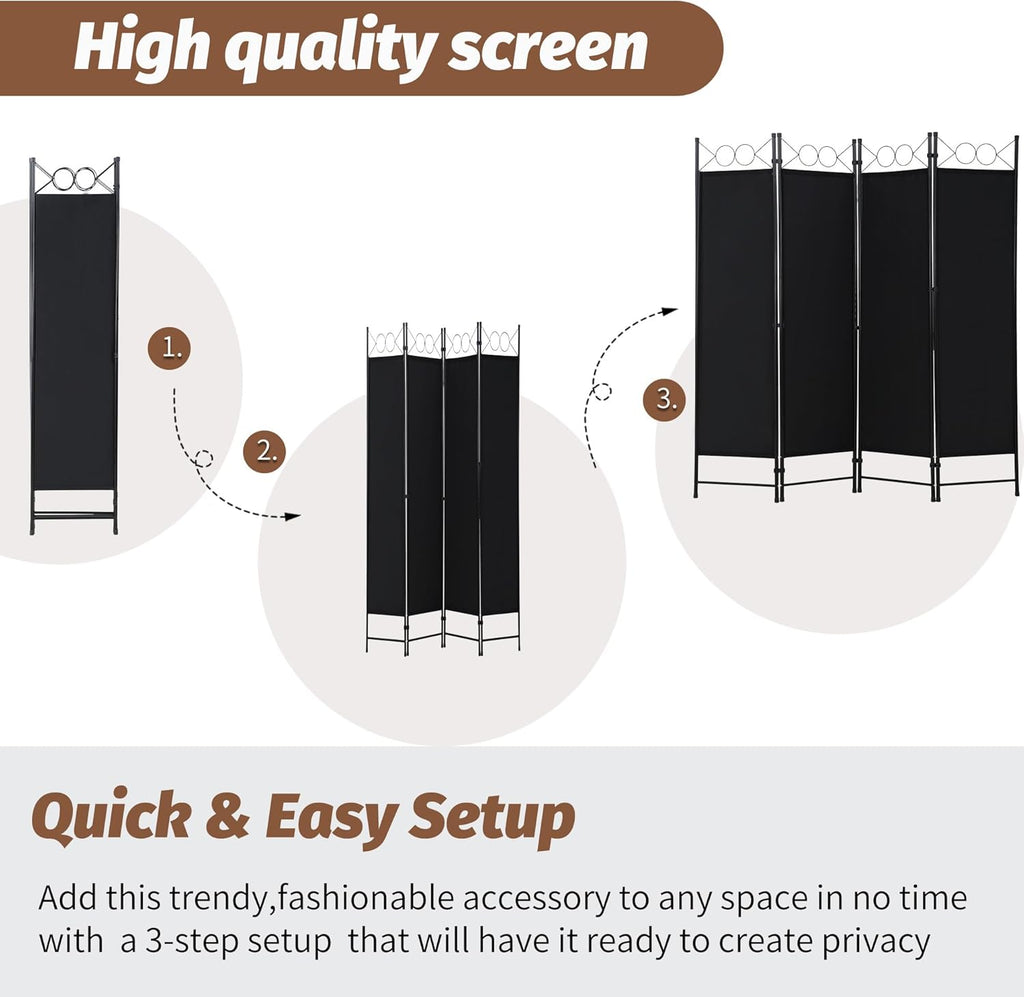 Coal Black 4 Panel Room Divider 6FT