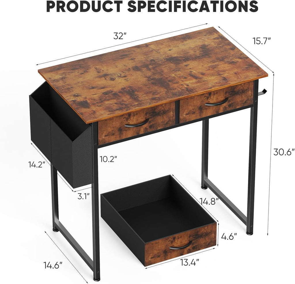 32" Home Office Desk with Drawers & Storage