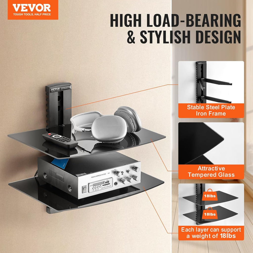 Glass Floating Shelves with Wall Mount - 3 Tiers