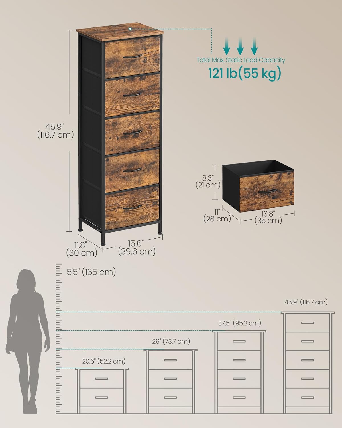 Rustic Brown & Ink Black 5-Drawer Dresser