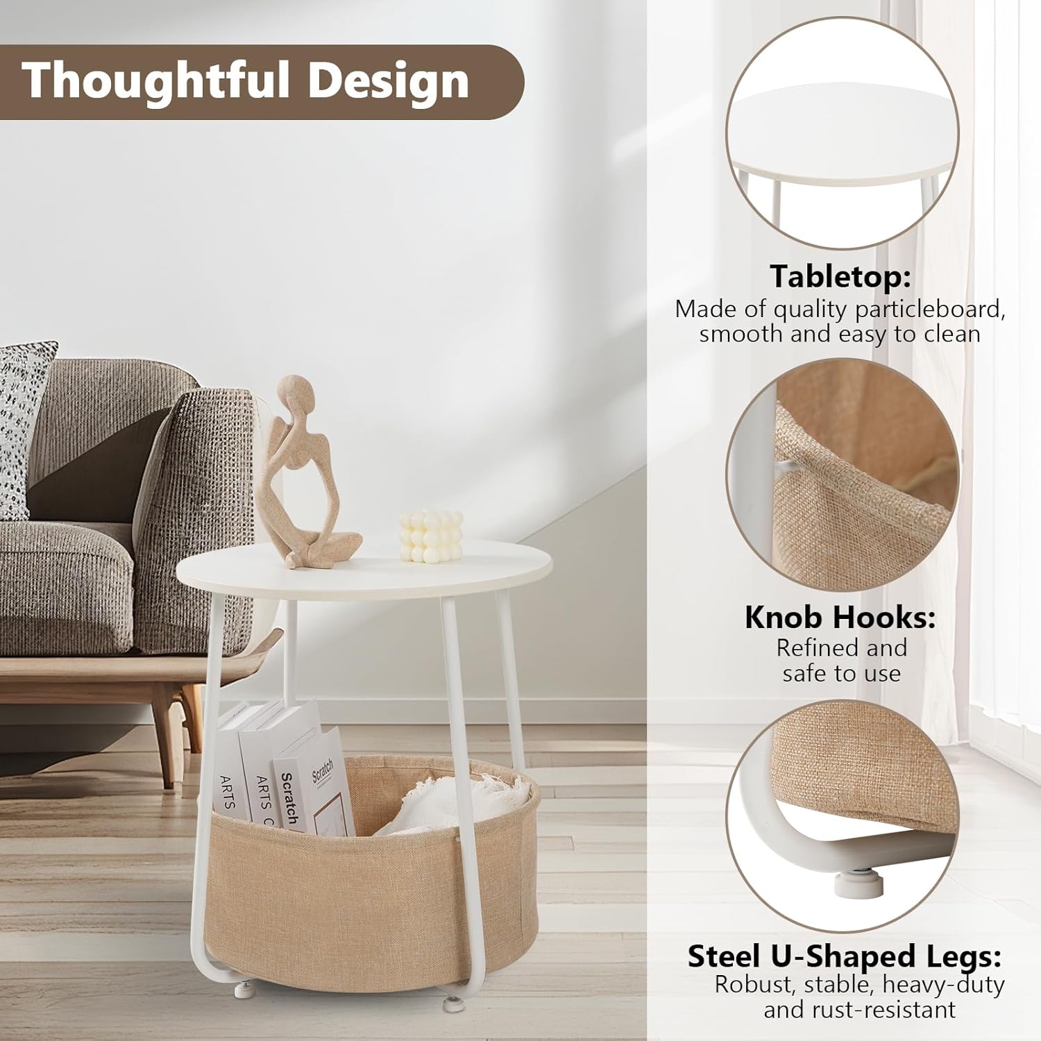 Small Round Side Table with Storage Basket