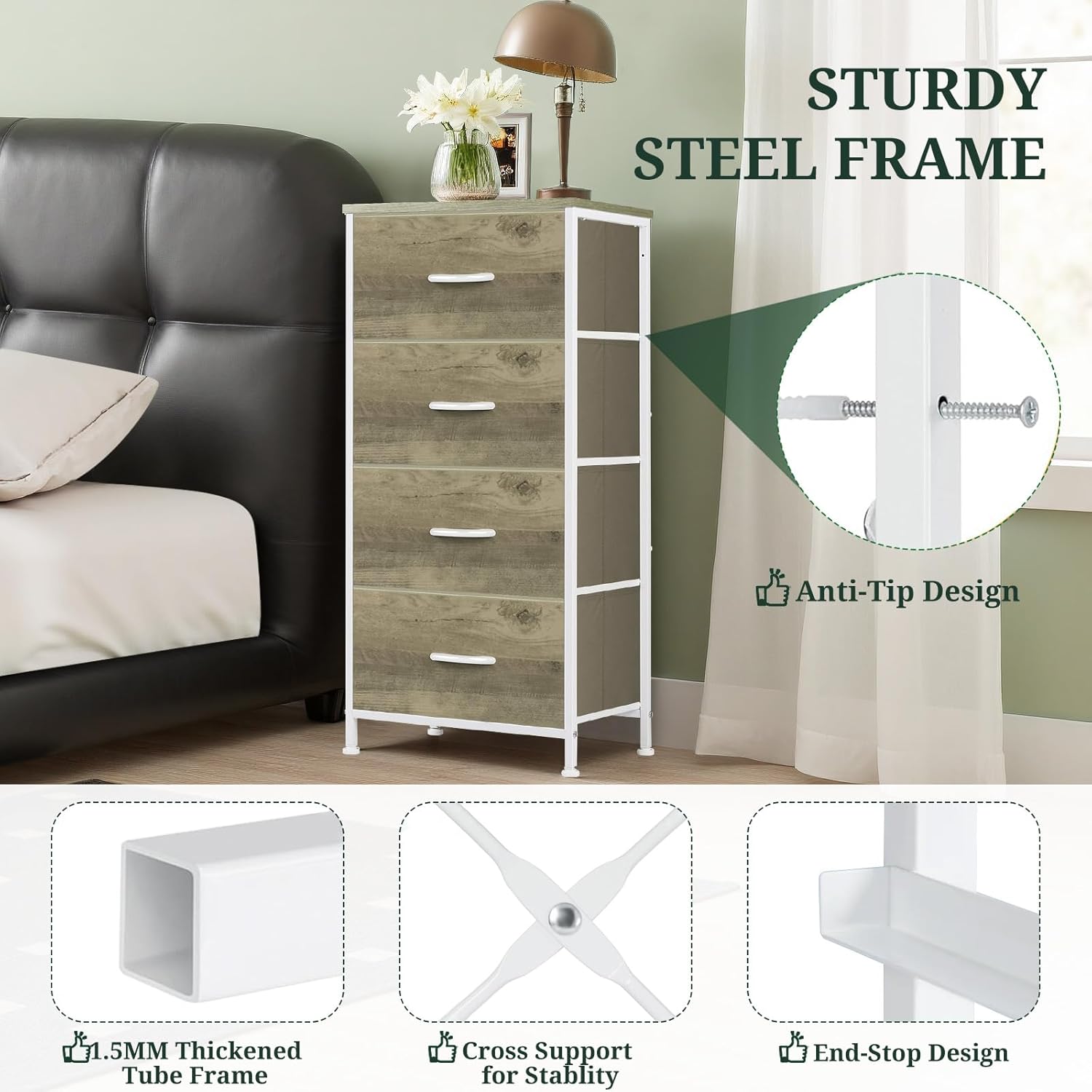 4-Drawer Nightstand Dresser with Wooden Top
