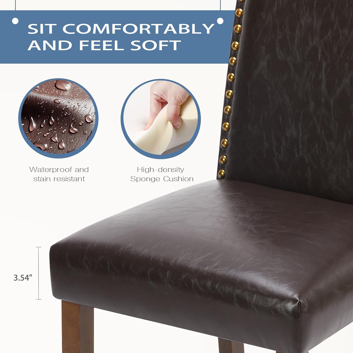 6 Brown PU Leather Dining Chairs with Wooden Legs