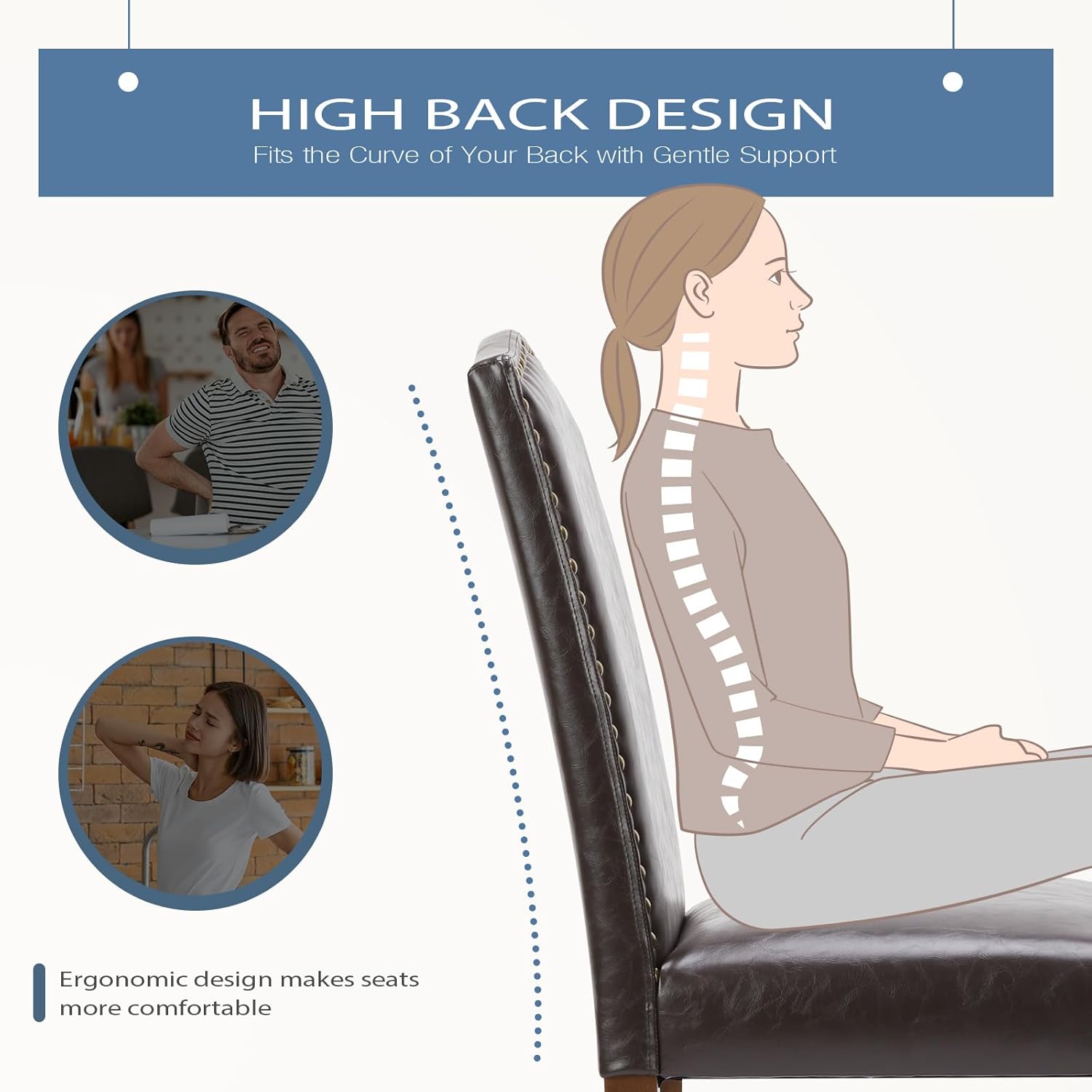 6 Brown PU Leather Dining Chairs with Wooden Legs