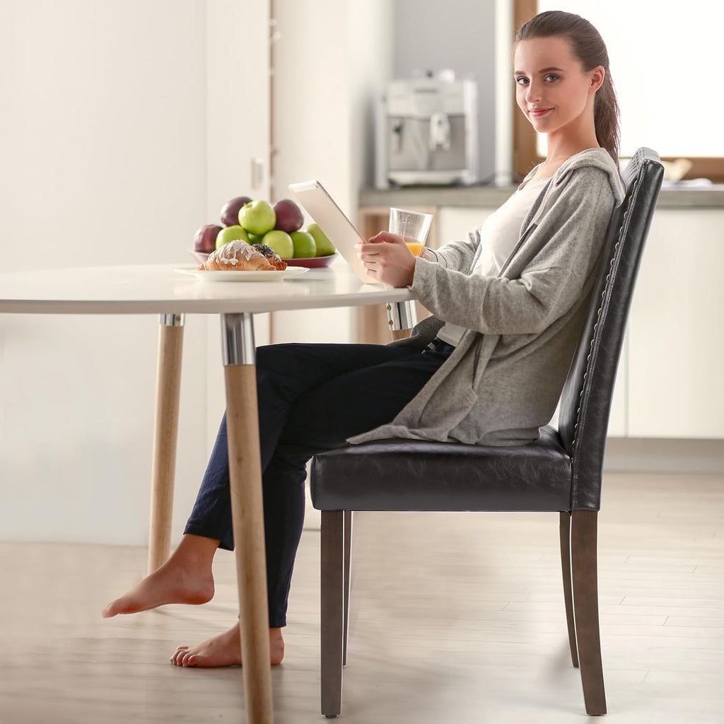 6 Brown PU Leather Dining Chairs with Wooden Legs