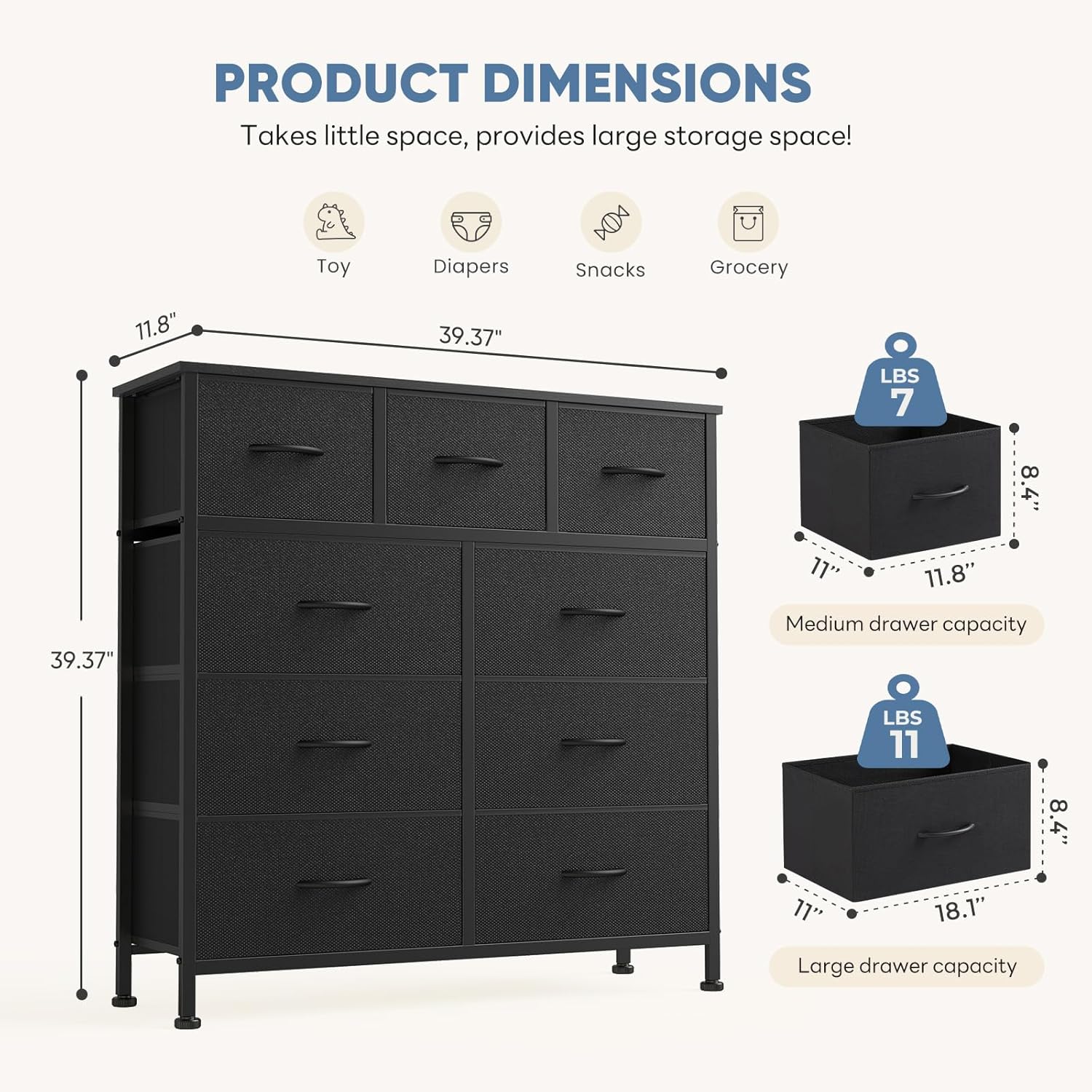Dresser with 9 Fabric Drawers 39.4"W