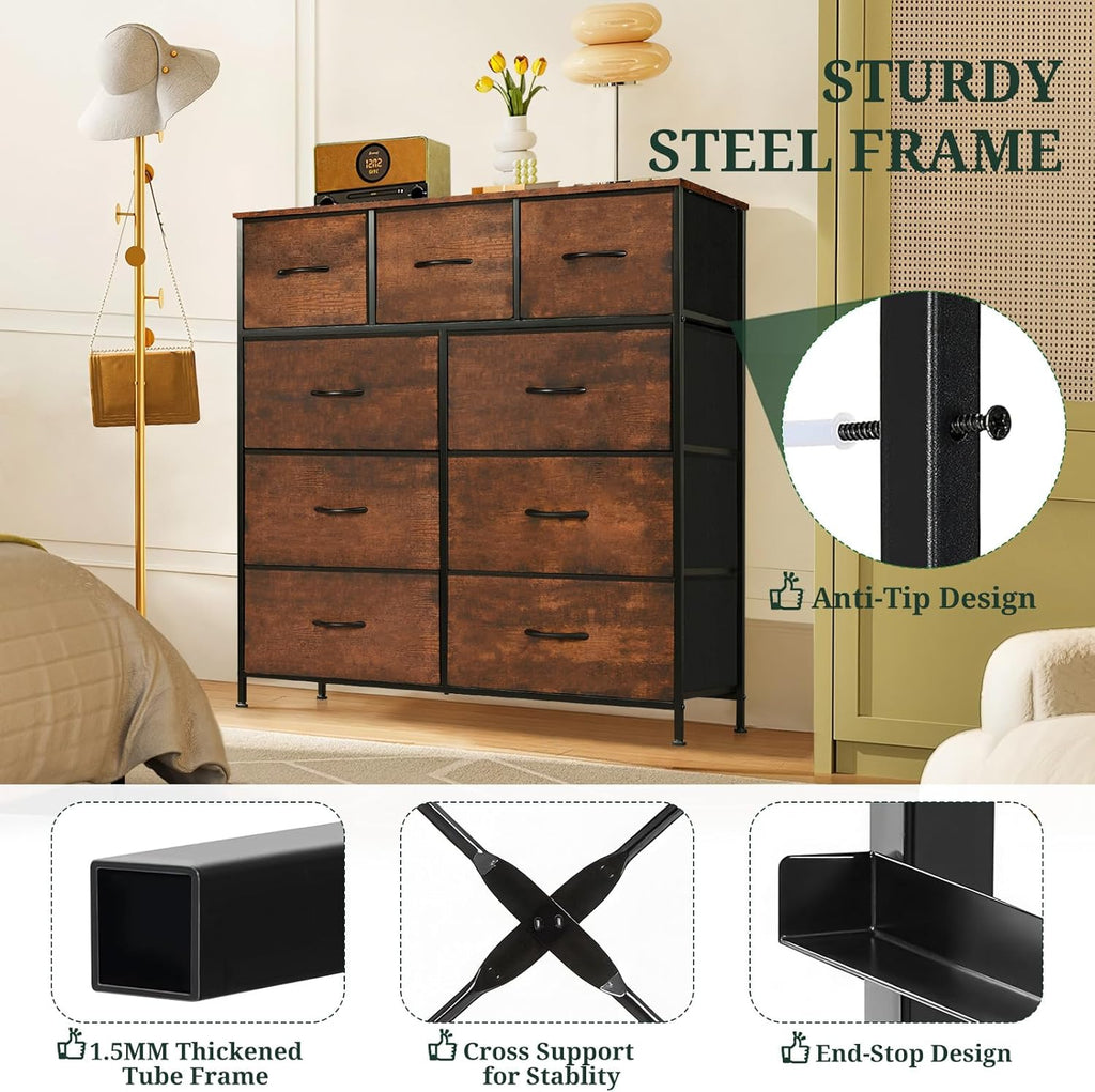 9-Drawer Dresser with Wooden Top and Metal Frame
