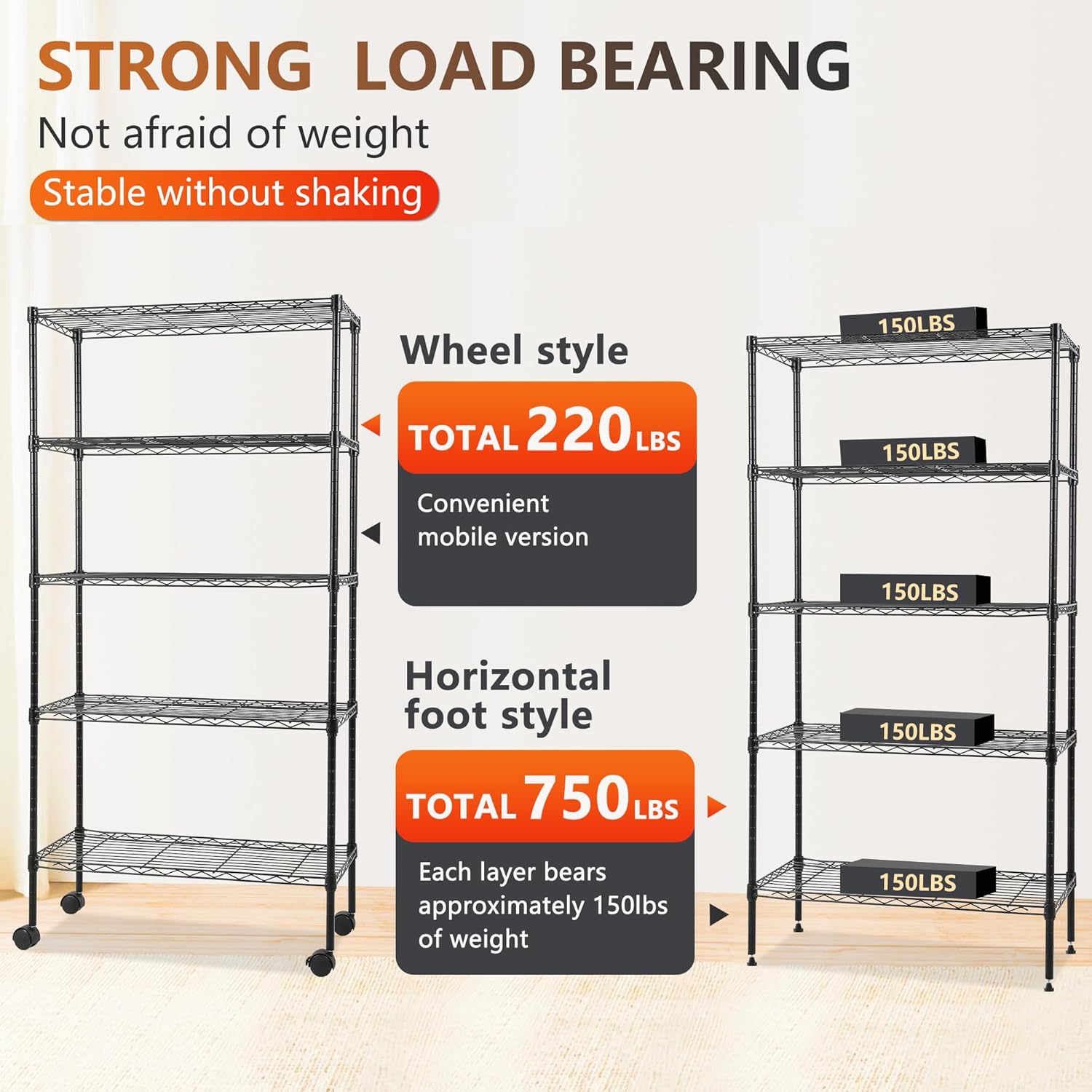 Small Adjustable 5-Tier Metal Shelf with Wheels