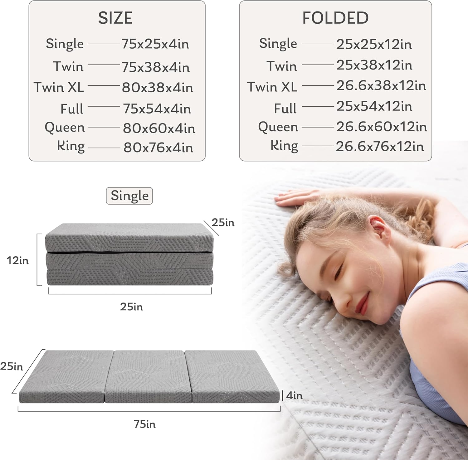 Tri-Fold Memory Foam Mattress 75"×25"×4"