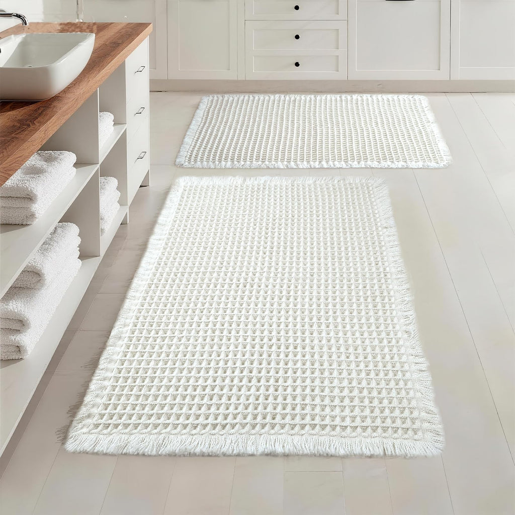 Set of 2 Cream Waffle Bathroom Rugs 17"x24" + 18"x30"