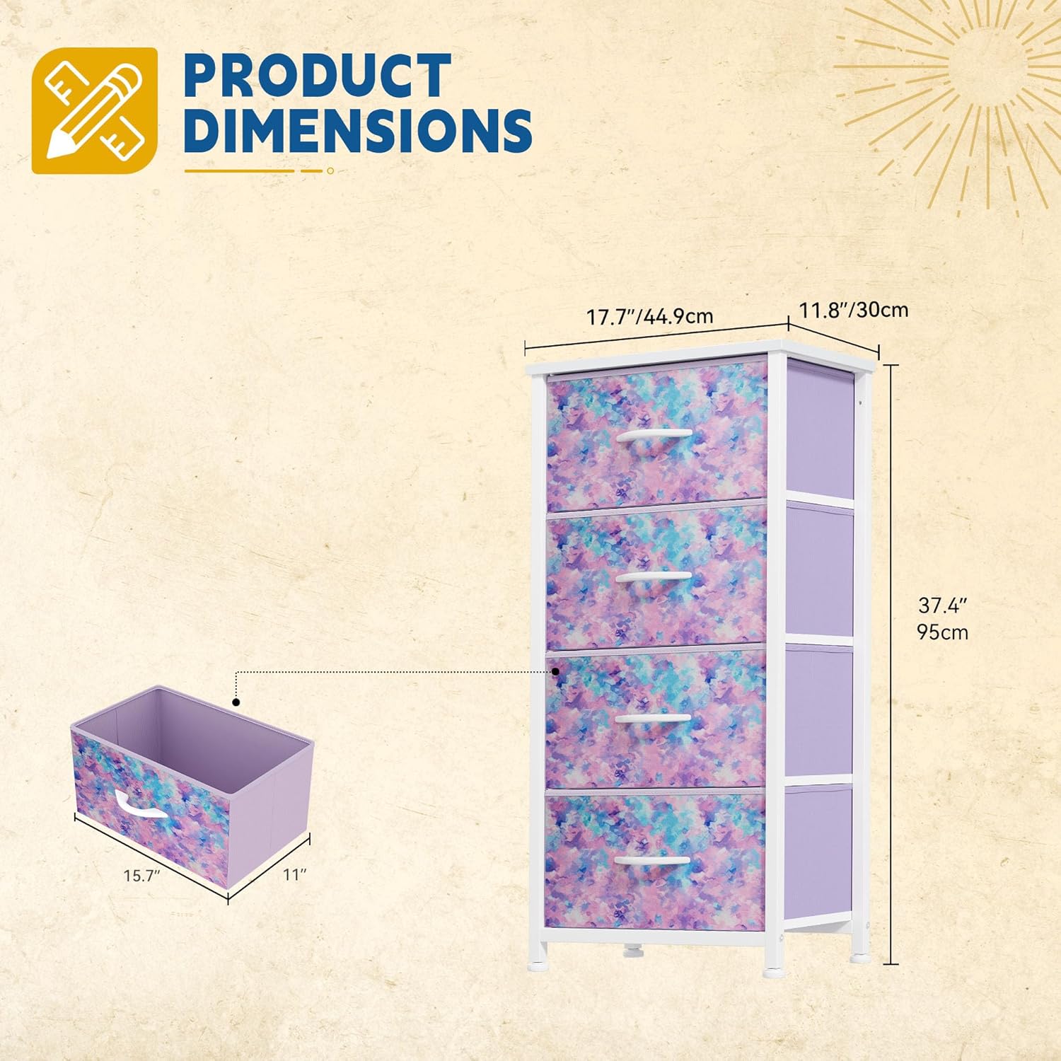 Purple 4-Drawer Dresser with Fabric Bins