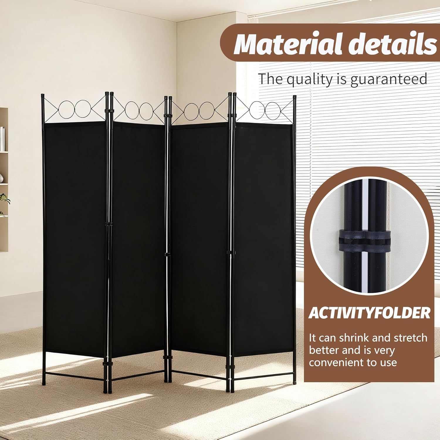 Coal Black 4 Panel Room Divider 6FT