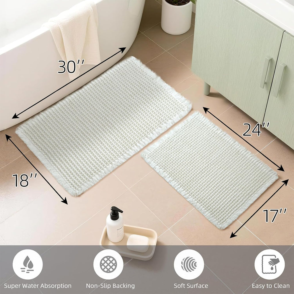 Set of 2 Cream Waffle Bathroom Rugs 17"x24" + 18"x30"