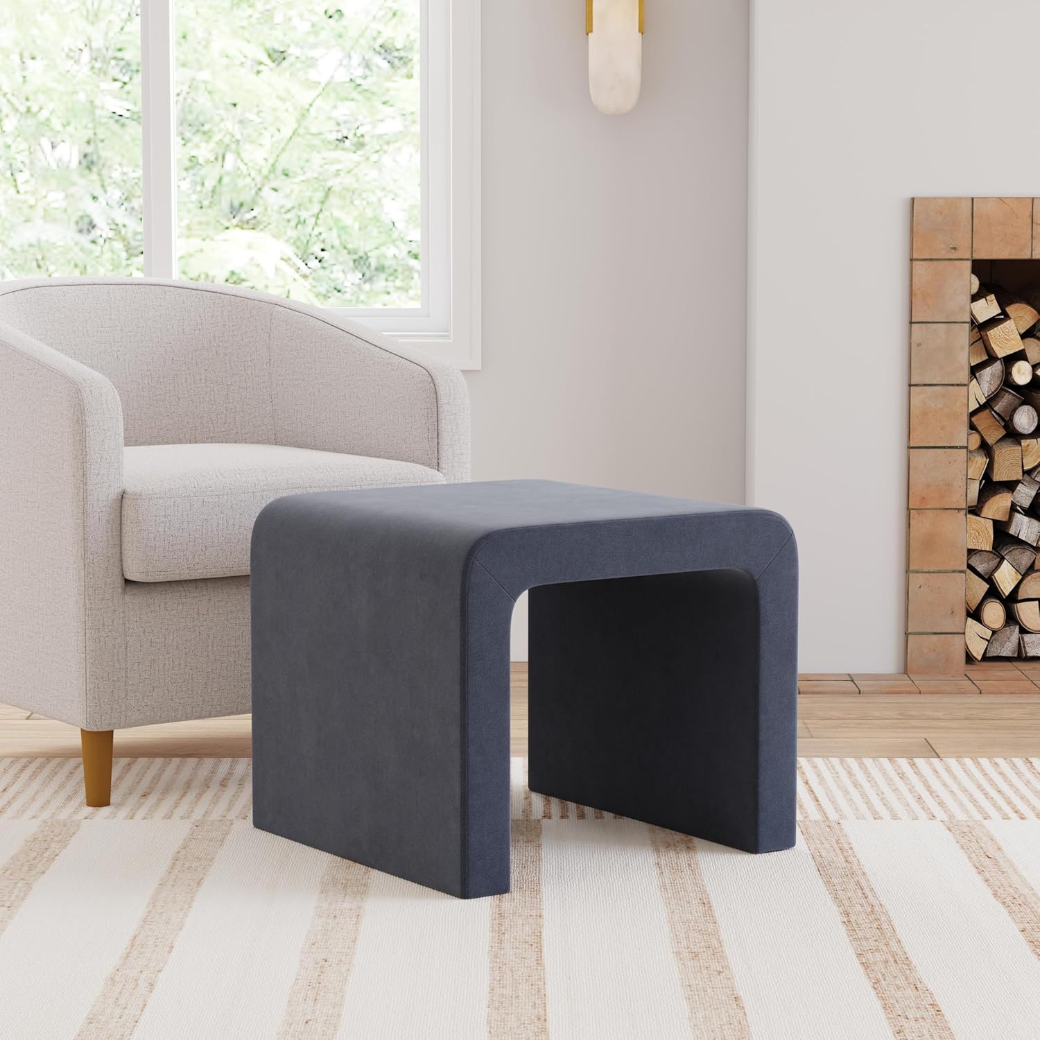 Steel Blue Velvet Ottoman