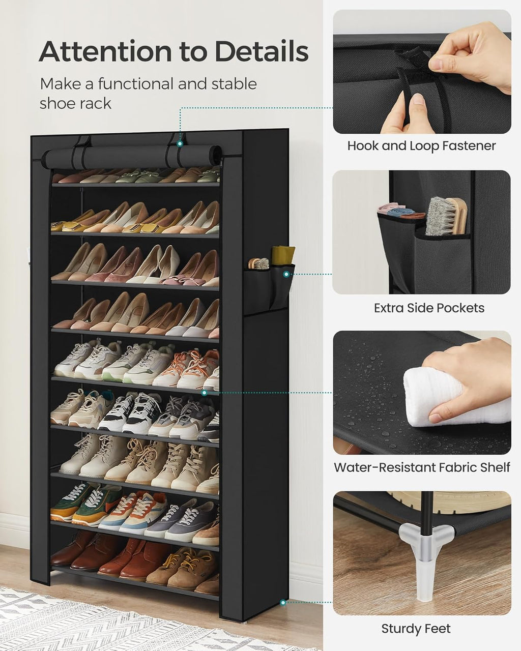 10-Tier Shoe Rack with Dustproof Cover