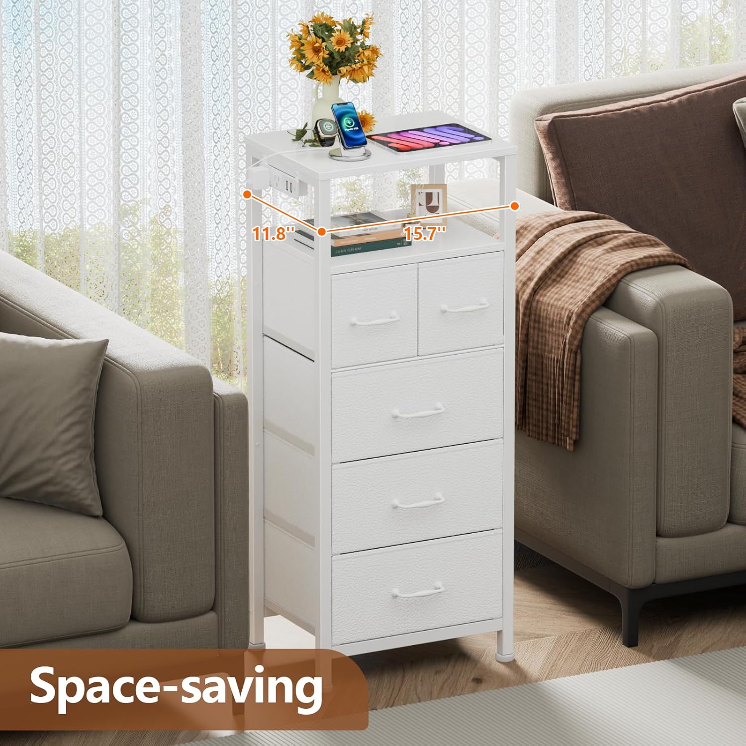 White 5-Drawer Dresser with Charging Station and LED Lights