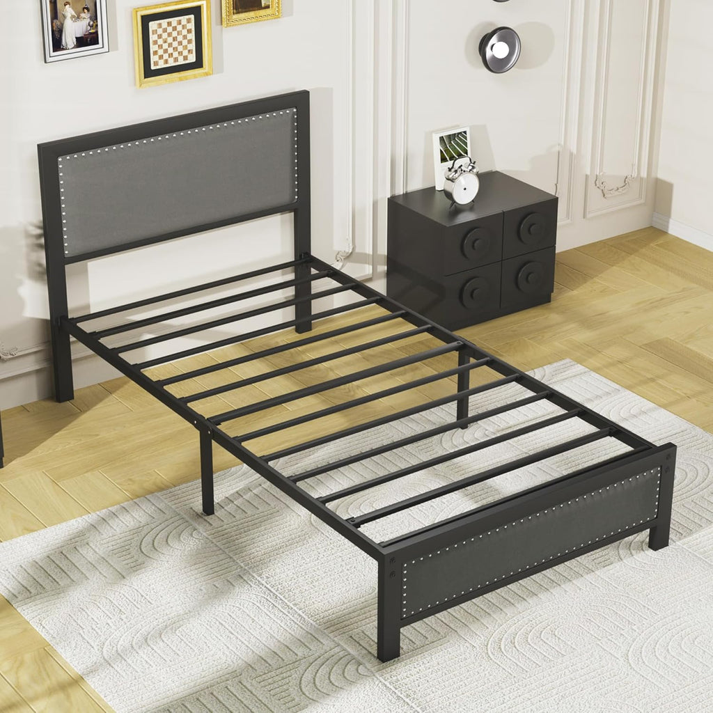 Twin Bed Frame with Upholstered Headboard