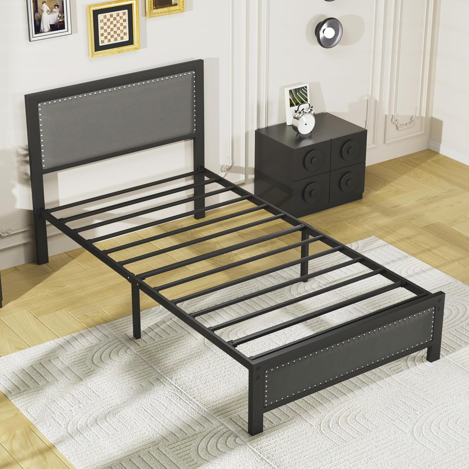 Twin Bed Frame with Upholstered Headboard