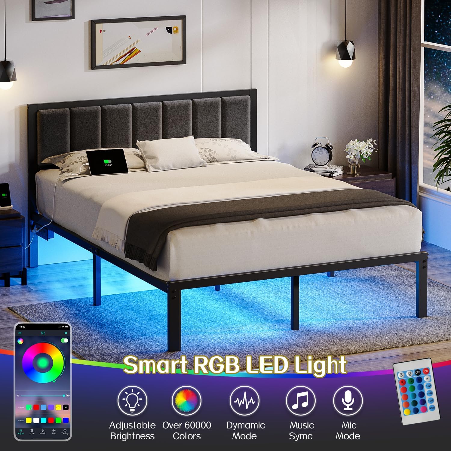 Queen Bed Frame with USB & LED Lights