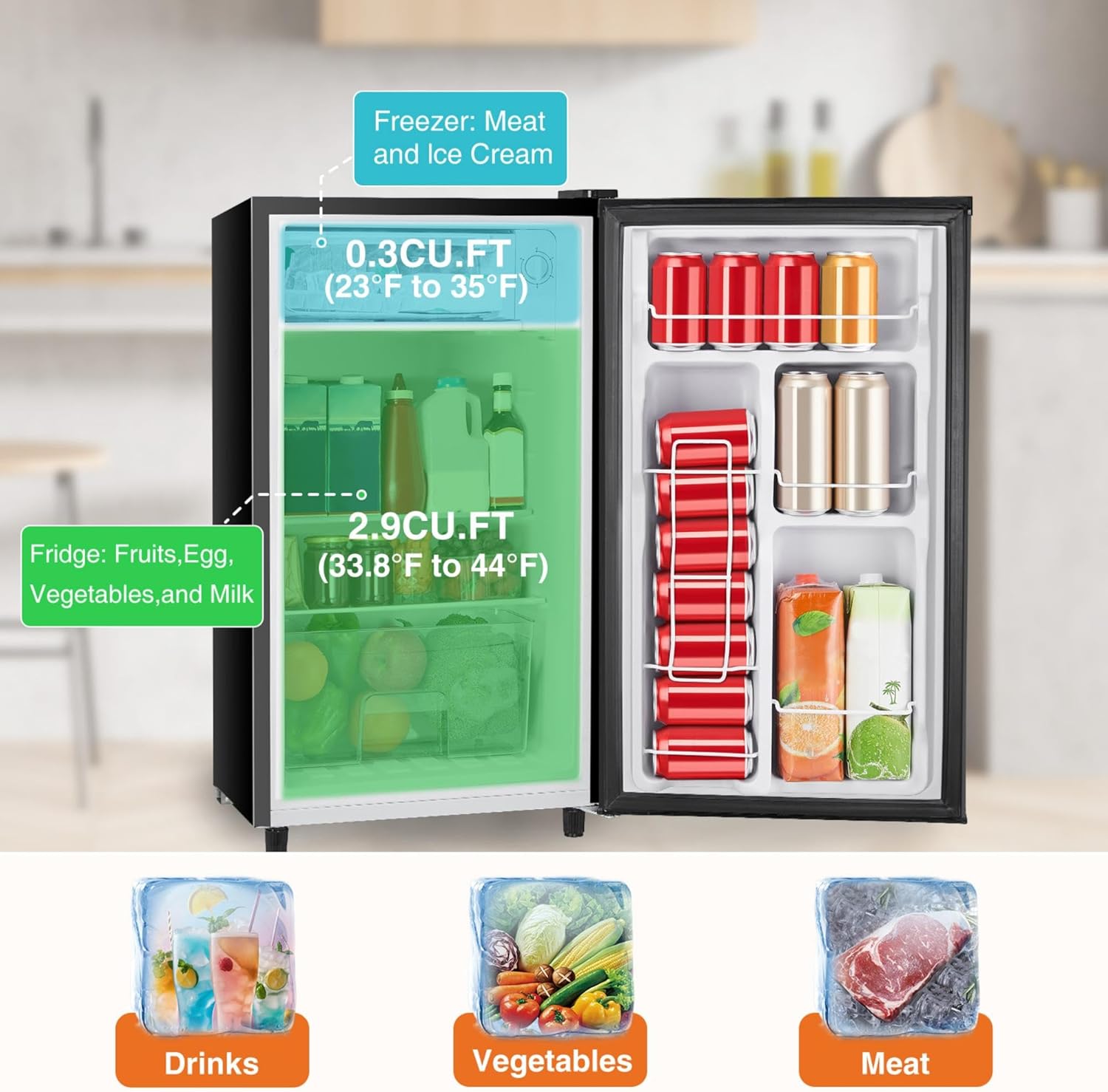 3.2 Cu.Ft Mini Fridge with Freezer - Black