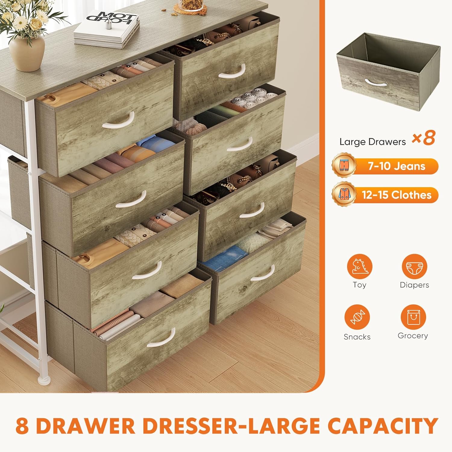 Large 8 Drawer Dresser with Metal Frame and Wooden Top