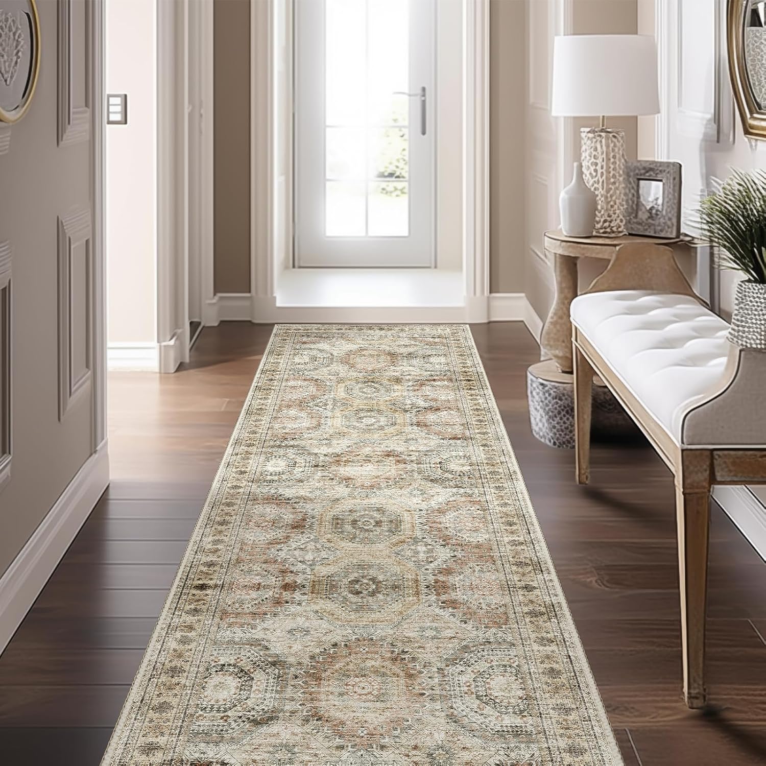 2x6 Washable Runner Rug in Brown/Pink