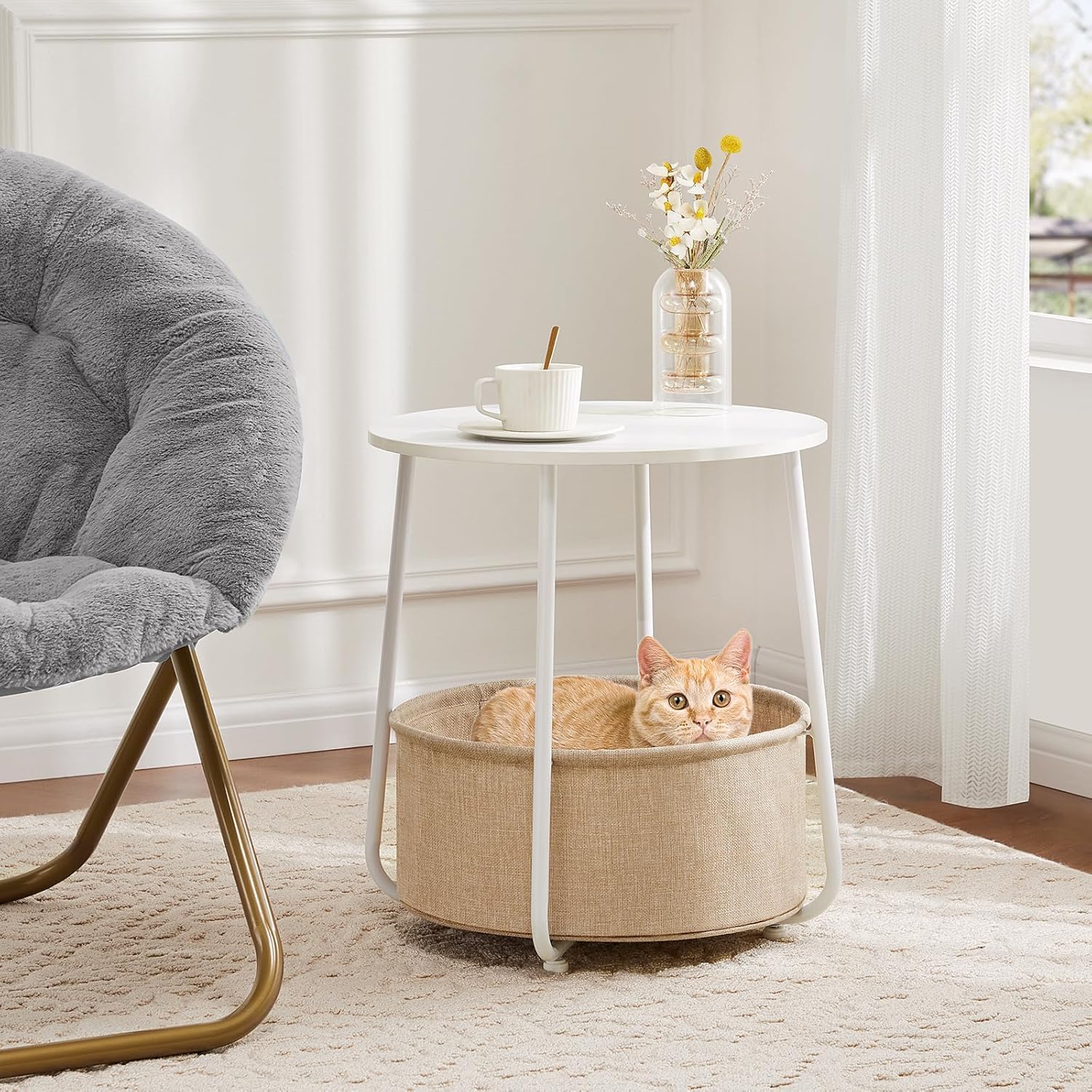 Small Round Side Table with Storage Basket