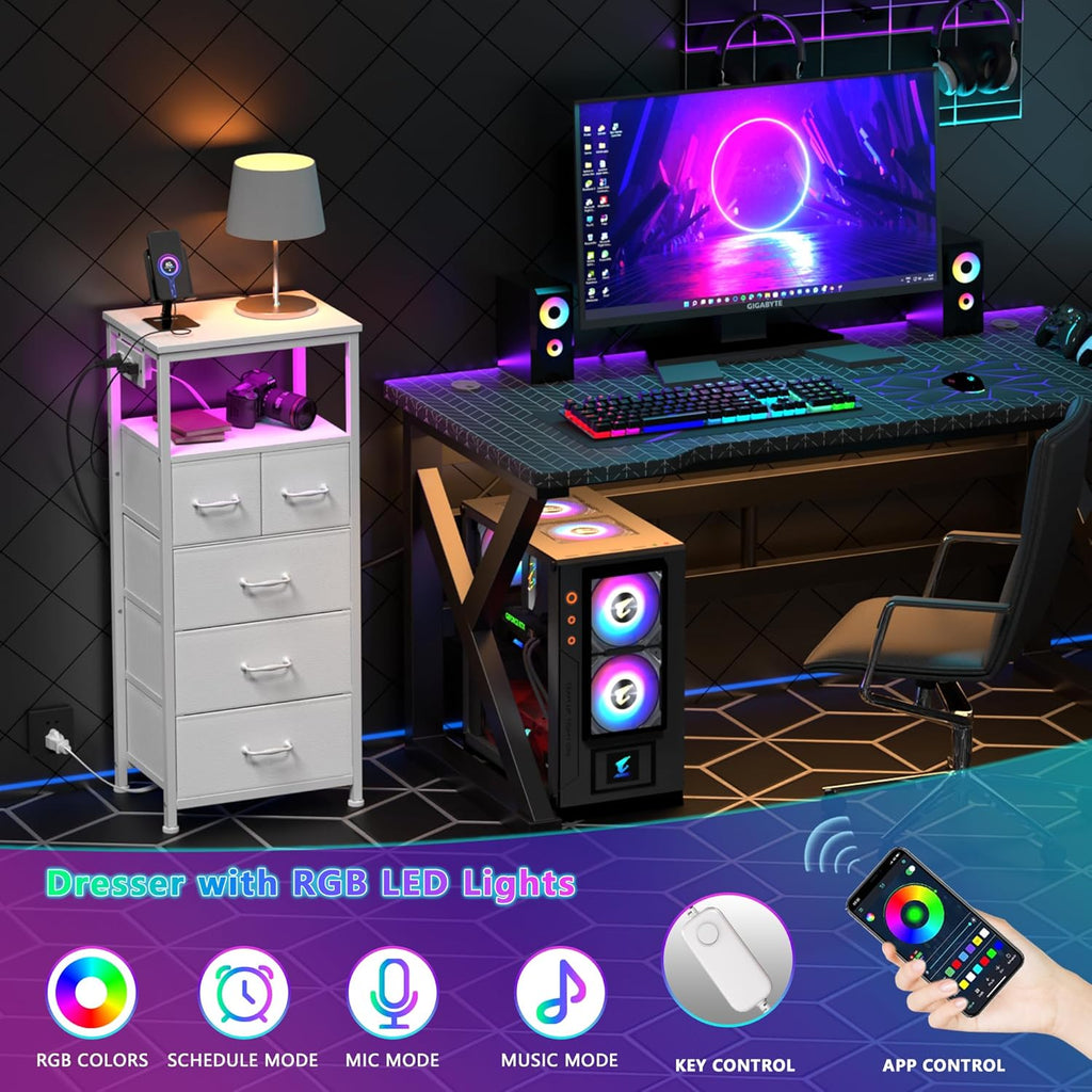 White 5-Drawer Dresser with Charging Station and LED Lights