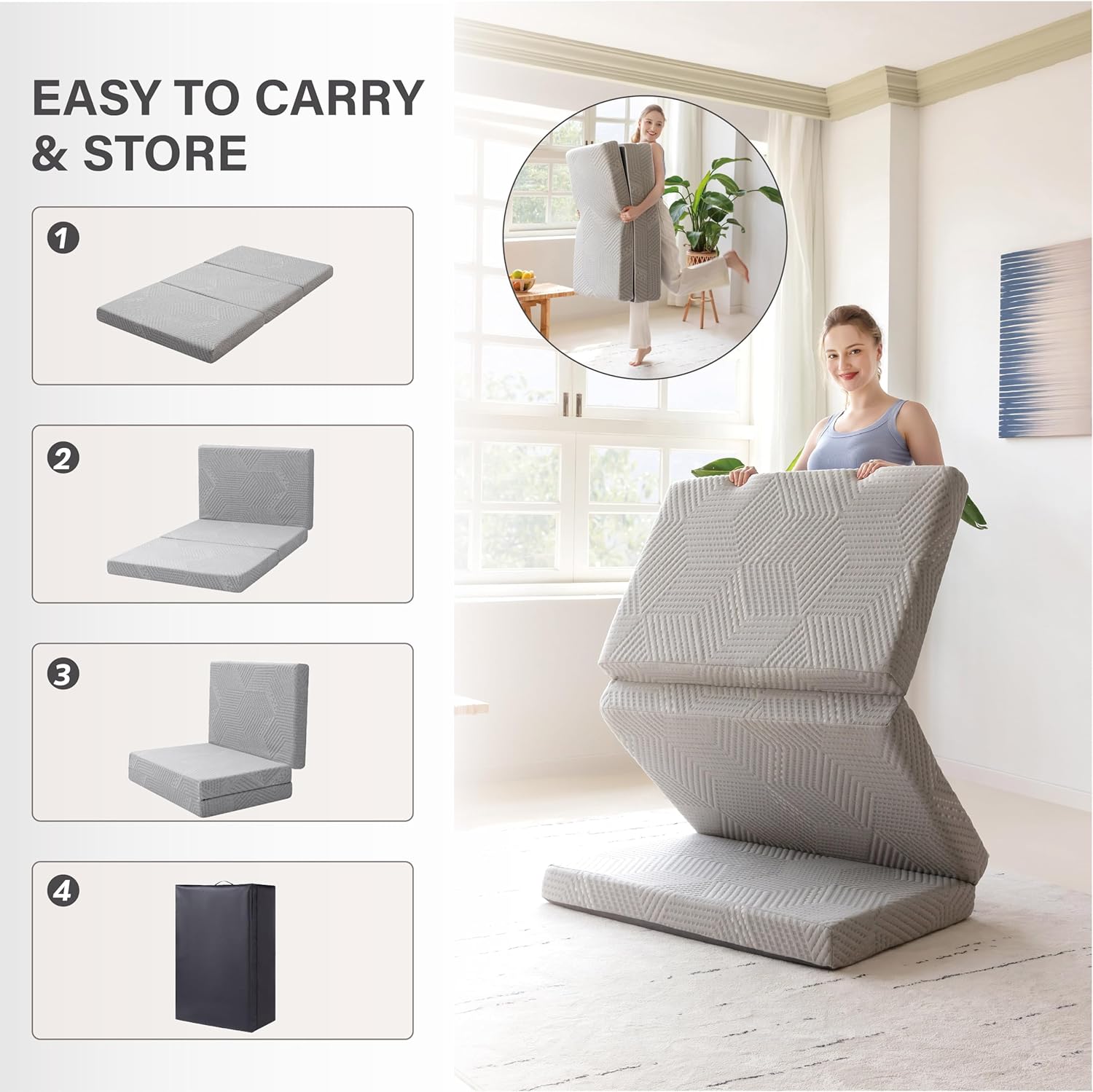 Tri-Fold Memory Foam Mattress 75"×25"×4"